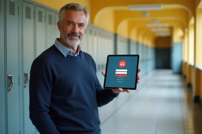 Professeur consultant sa messagerie académique de Créteil sur une tablette dans un couloir de lycée