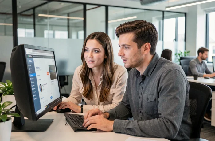 Deux collègues découvrant ensemble les avantages de leur accès à la plateforme Muchos au bureau