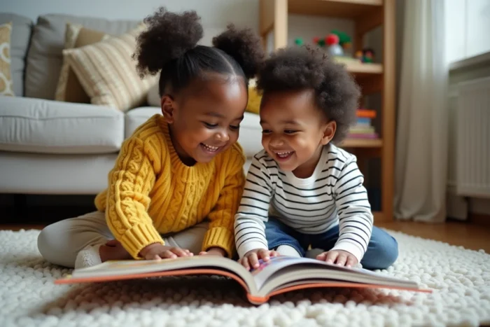 Deux tout-petits assis sur un tapis de jeu moelleux, riant ensemble en regardant un grand livre illustré coloré dans un salon familial chaleureux