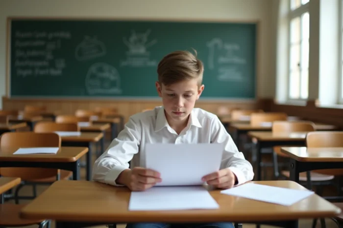 Adolescent consultant ses résultats du brevet dans une salle de classe vide