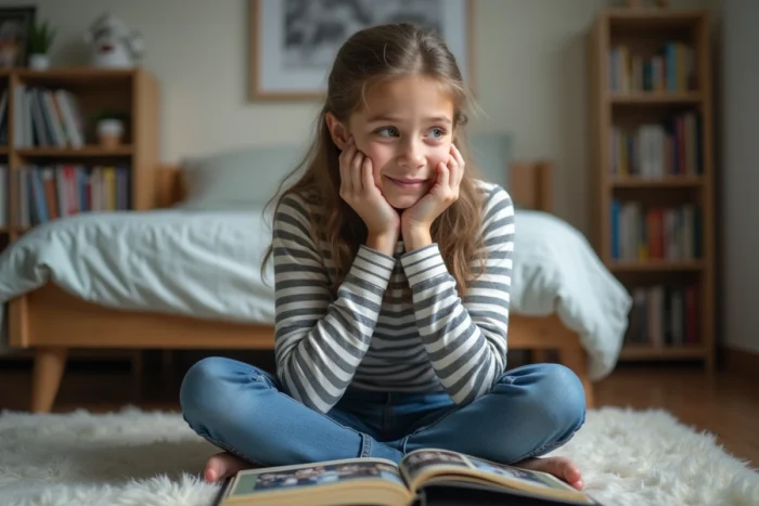 Adolescente contemplant un album de photos de famille dans sa chambre, reflétant les émotions d'une famille recomposée