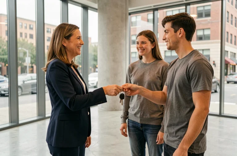 Agent immobilier professionnelle remettant les clés d'un appartement à un jeune couple dans un hall moderne, illustrant la simplification de la location immobilière grâce à des services professionnels