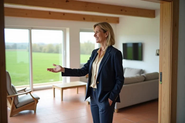Agent immobilière présentant le salon lumineux d'une maison moderne avec vue sur prairie en Loire-Atlantique