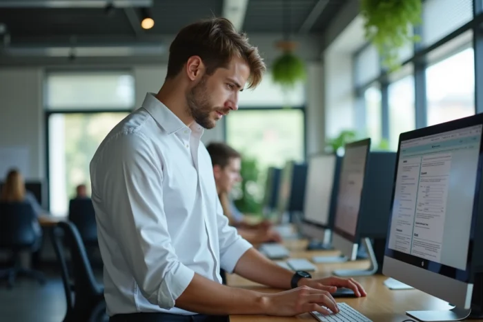 Alternant consultant l'extranet de son école sur un grand écran dans un espace de coworking universitaire
