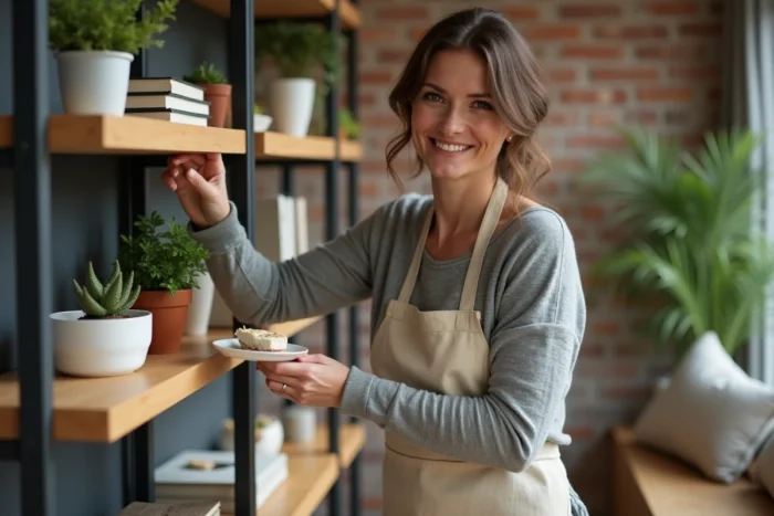 Femme arrangeant des objets décoratifs sur une étagère en bois dans un salon moderne et chaleureux