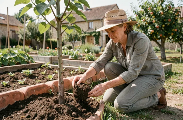 Femme amendant le sol autour d'un mûrier platane pour favoriser la fructification dans un jardin potager