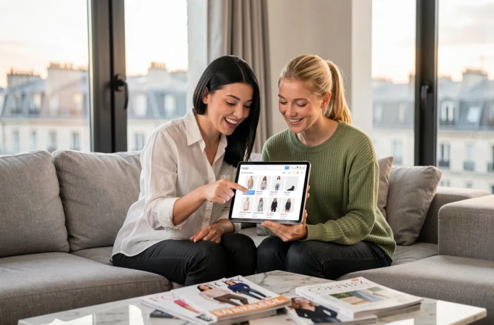 Deux amies comparant des offres de soldes Johanna Paris sur une tablette dans un appartement parisien moderne