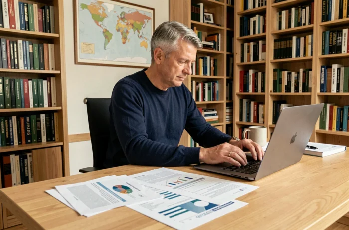 Professionnel du marketing analysant des rapports et des données stratégiques dans un bureau à domicile bien organisé