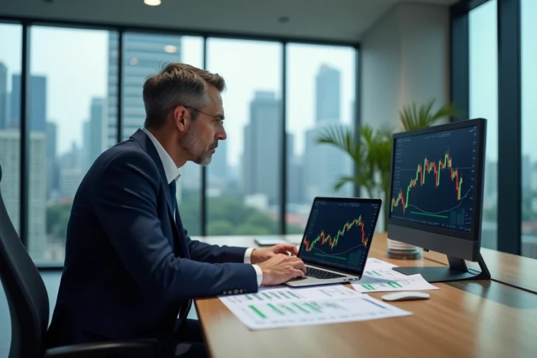 Analyste financier étudiant des graphiques boursiers dans un bureau moderne, illustrant les perspectives d'investissement en bourse pour Europlasma en 2026