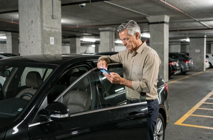 Homme consultant une application d'entretien automobile sur son smartphone dans un parking souterrain