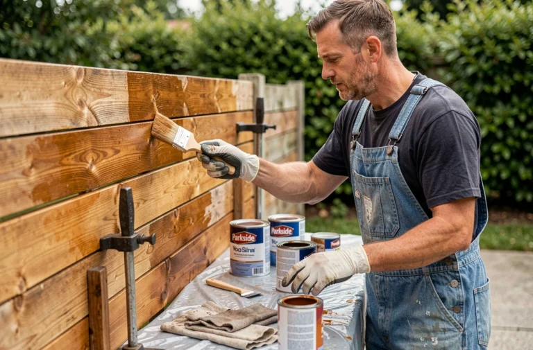 Homme appliquant une lasure Parkside sur une clôture en bois avec un pinceau plat dans un jardin
