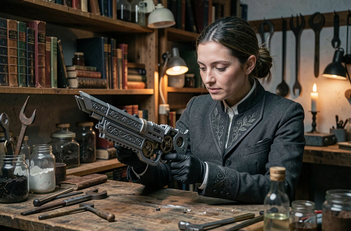 Femme examinant une arme transformable de Bloodborne dans un atelier victorien encombré de livres anciens et d'outils de forge