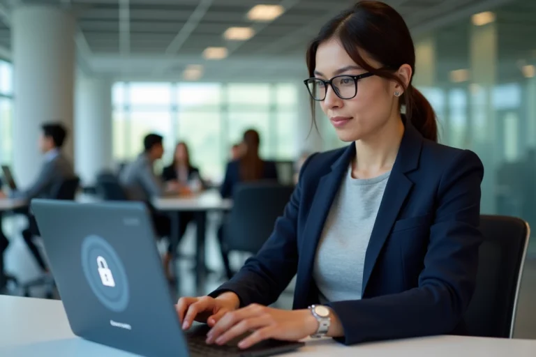 Femme professionnelle accédant à la messagerie sécurisée PIAL Nancy-Metz avec authentification renforcée sur ordinateur portable au bureau