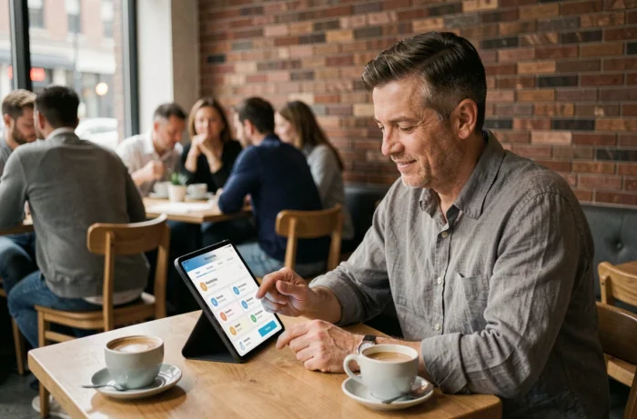 Homme consultant ses avantages sur la plateforme Muchos depuis une tablette dans un café urbain