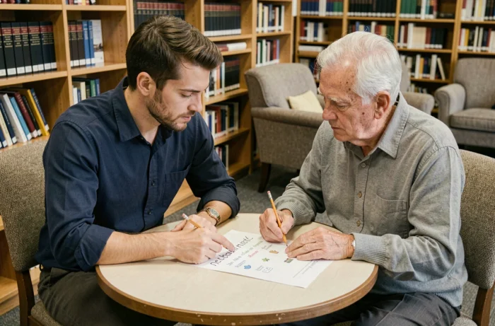Bénévole accompagnant un homme âgé dans un atelier d'alphabétisation en bibliothèque