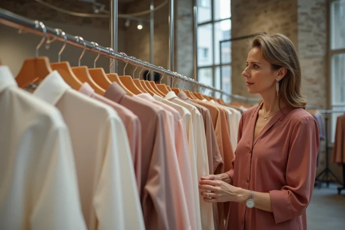 Femme choisissant un chemisier de créateur dans une boutique de mode parisienne au décor minimaliste