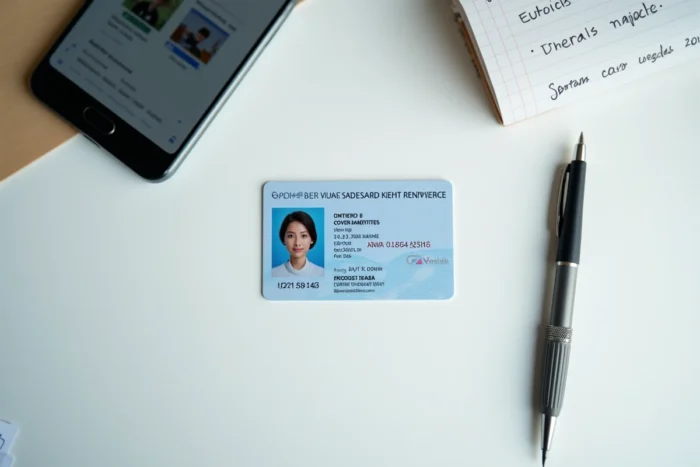 Carte d'identité française posée sur un bureau avec un smartphone affichant un site gouvernemental pour vérifier sa validité