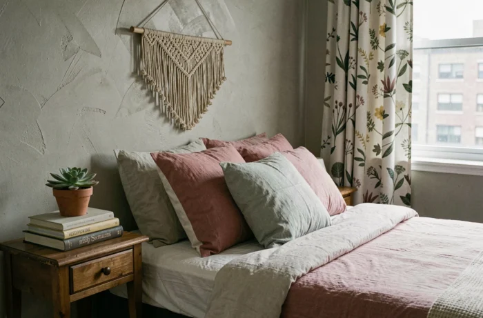 Chambre décorée avec des textiles chinés et objets artisanaux pour une ambiance tendance à moindre coût