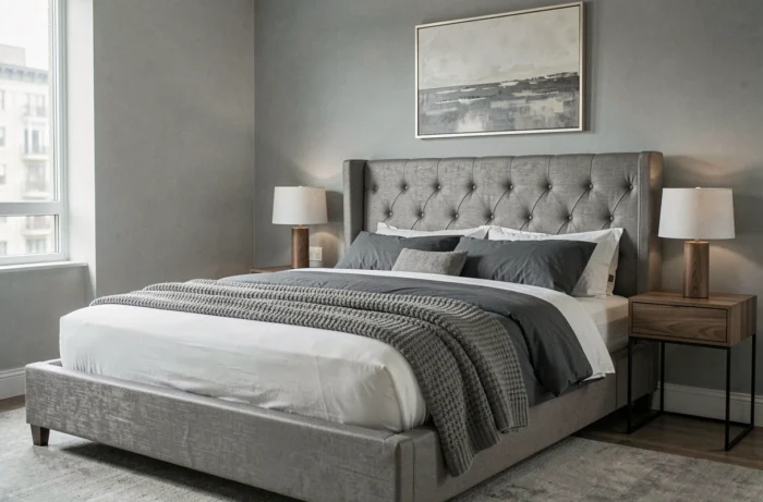 Chambre élégante aux tons gris avec tête de lit capitonnée en tissu pewter, literie en lin blanc et couverture en grosse maille grise