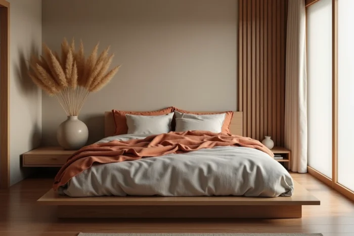 Chambre moderne au style japandi avec literie en lin terracotta, table de nuit en bambou et herbes de la pampa séchées