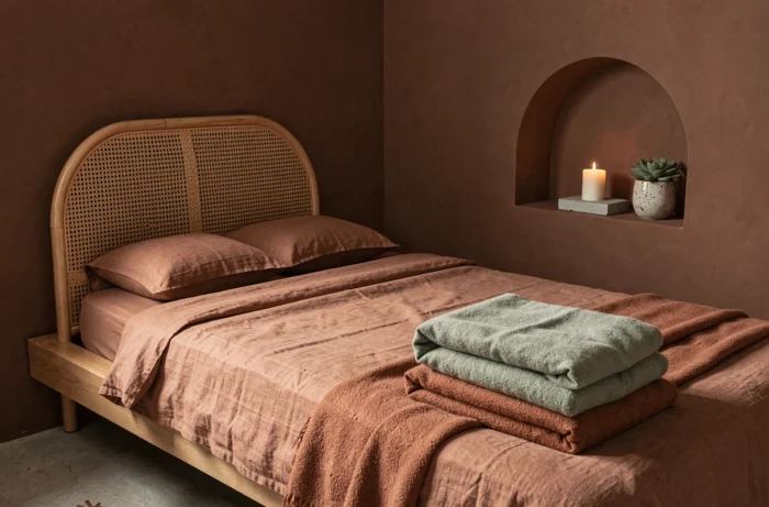 Chambre cosy aux tendances déco actuelles avec tête de lit en rotin, mur en argile mate et linge de lit en lin champignon