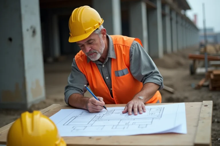 Chef de chantier BTP analysant un devis sur un plan de construction en extérieur, avec équipements de protection individuelle