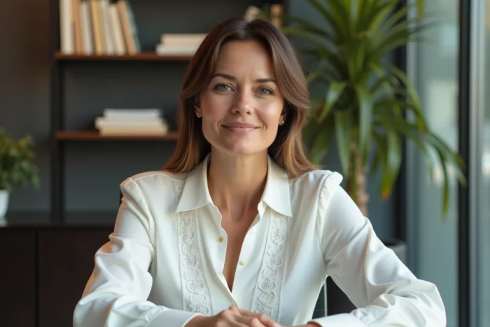Femme en chemisier blanc structuré assise dans un bureau parisien contemporain élégant