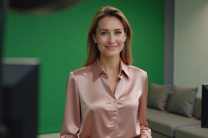 Femme élégante portant un chemisier en soie rose poudré dans les coulisses d'un plateau de télévision moderne