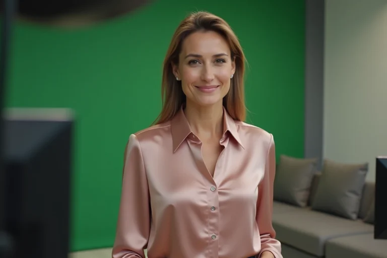 Femme élégante portant un chemisier en soie rose poudré dans les coulisses d'un plateau de télévision moderne