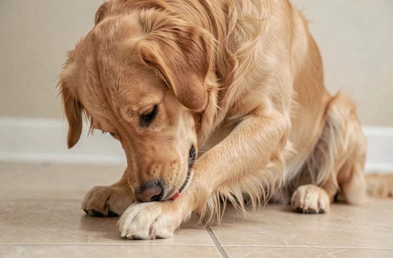 Chien golden retriever léchant son ergot sur le carrelage d'une maison, posture naturelle et calme