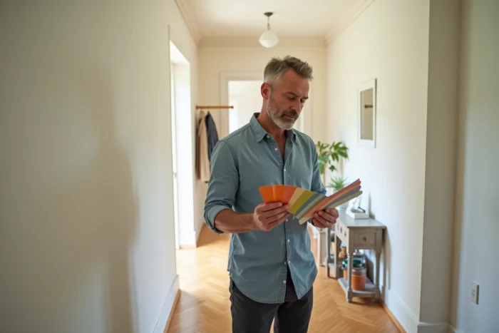 Homme comparant des échantillons de peinture contre un mur dans un couloir bien aménagé