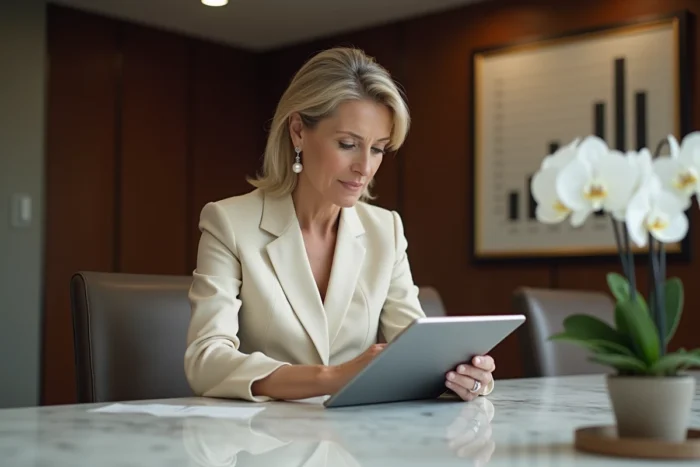 Cliente aisée consultant son portefeuille d'investissement sur tablette dans une salle de réunion de banque privée haut de gamme