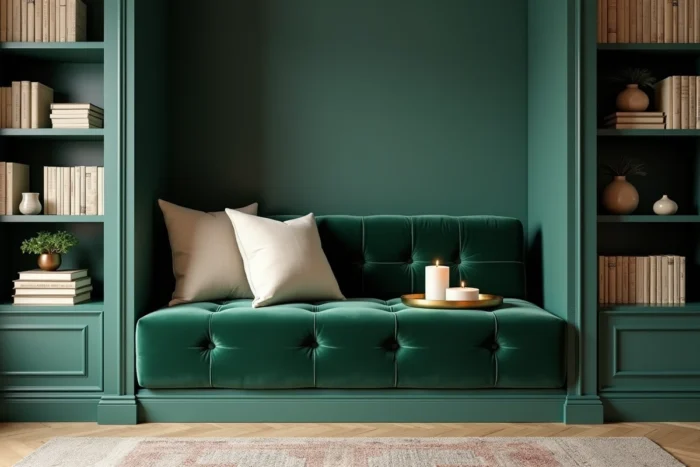 Coin lecture aménagé dans une alcôve avec banquette en velours vert, bibliothèque intégrée et décoration cosy en laiton
