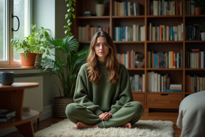 Femme détendue dans un coin lecture cosy avec des étagères organisées, une plante tombante et une tasse en céramique mate