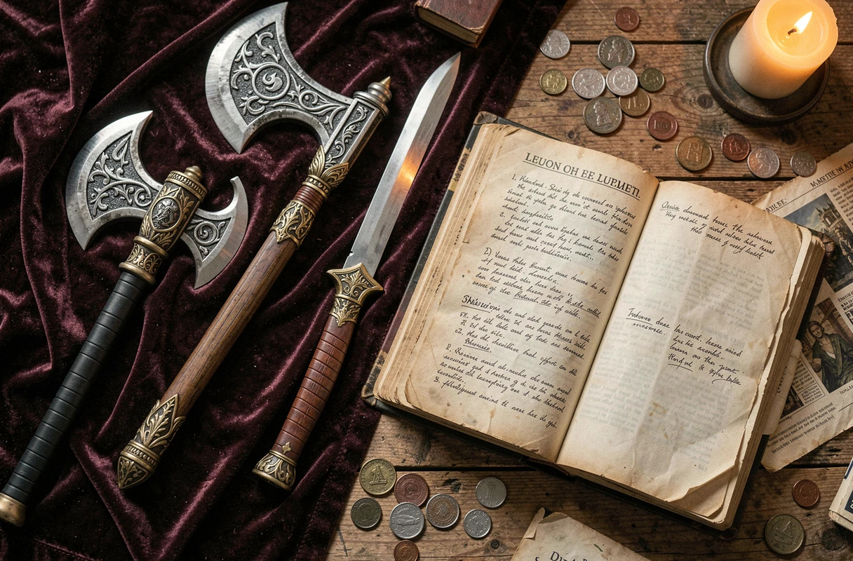 Disposition de répliques d'armes de Bloodborne sur velours sombre avec guide de jeu et accessoires vintage pour collectionneurs