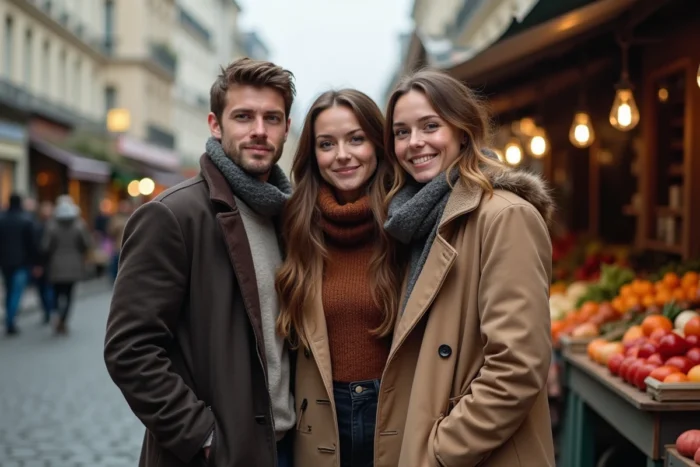 Groupe de trois adultes français au marché en plein air, mettant en valeur la différence de taille avec une femme d'1m55
