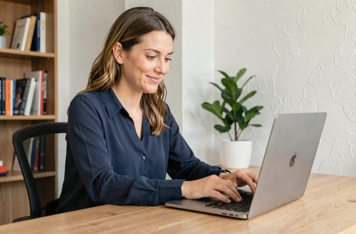 Femme connectée à la plateforme Muchos sur son ordinateur portable dans un bureau à domicile moderne