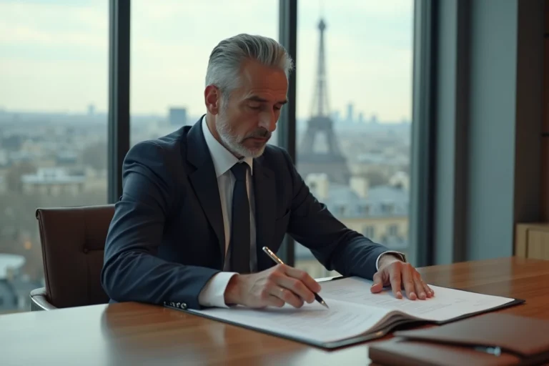 Conseiller en banque privée BNP Paribas analysant des documents de gestion de patrimoine dans un bureau parisien moderne