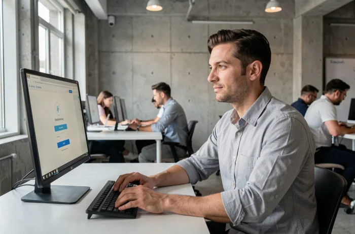 Conseiller iad se connectant à l'espace intranet depuis un espace de coworking