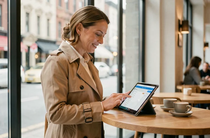 Conseillère iad accédant à son intranet depuis un café en déplacement professionnel