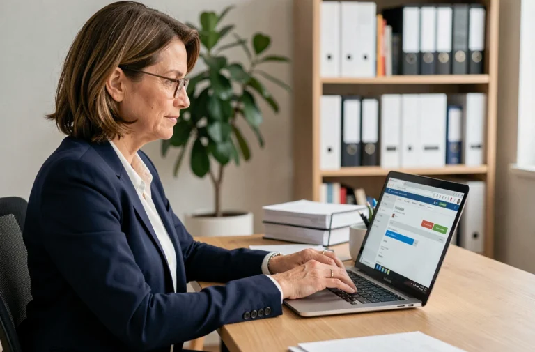 Conseillère immobilière iad connectée à son intranet depuis son bureau à domicile