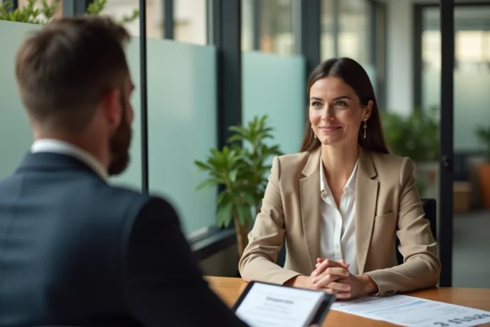 Femme expatriée française discutant de stratégie patrimoniale avec un conseiller financier lors d'une réunion professionnelle