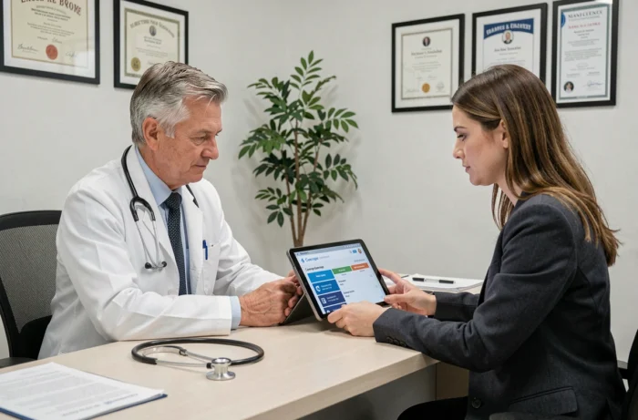 Médecin et patient en consultation discutant des options de mutuelle santé sur une tablette numérique