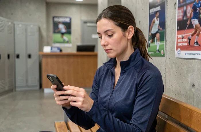 Woman consulting a sports sitemap on a smartphone in the lobby of a gym