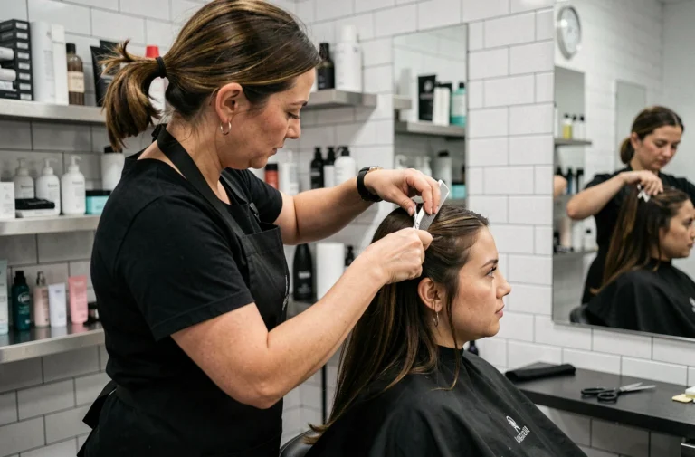 Coiffeuse professionnelle réalisant une coupe couronne précise sur une cliente en salon de coiffure moderne