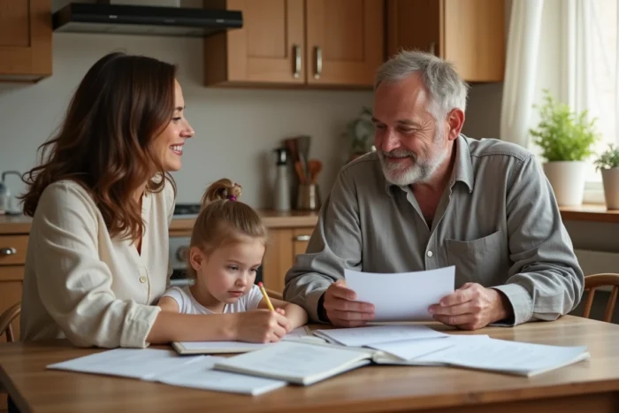 Un couple d'une cinquantaine d'années examine des documents d'adoption autour d'une table en bois avec une fillette dessinant à côté d'eux, illustrant les démarches d'adoption familiale en France