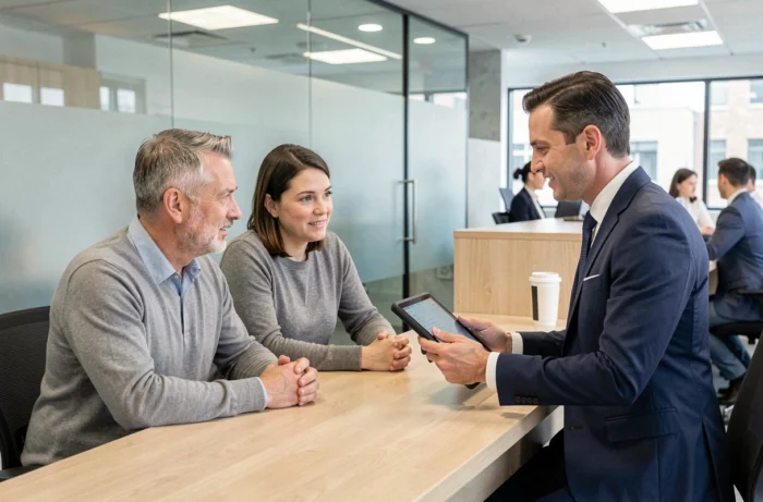 Couple meeting with a bank advisor to discuss different credit solutions and personal financing options