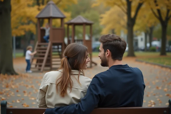 Couple discutant des défis de la famille recomposée dans un parc en automne