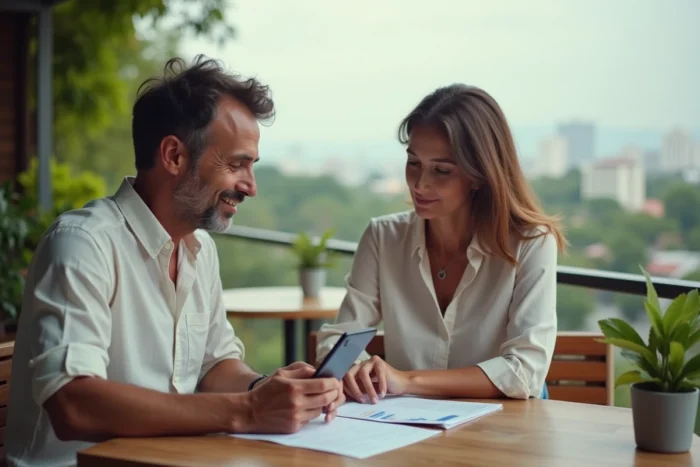 Couple d'expatriés français gérant leur patrimoine sur une terrasse de café en Asie du Sud-Est