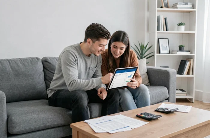 Couple gérant ensemble leurs finances personnelles avec une tablette et des relevés bancaires dans un salon moderne